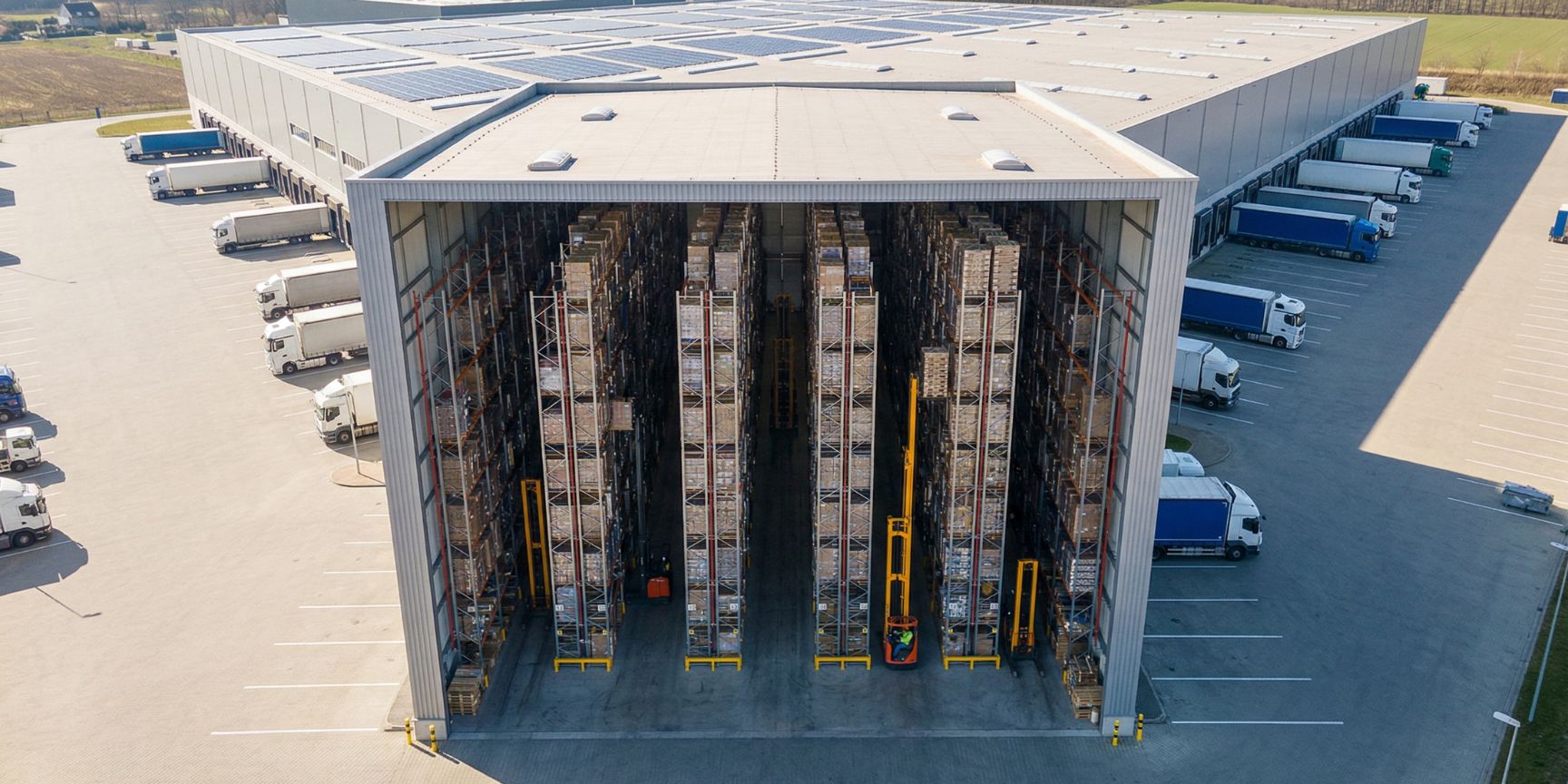Drone image of a modern just-in-case logistics center with high storage density, vertical densification in a high-bay warehouse and trucks at loading ramps.